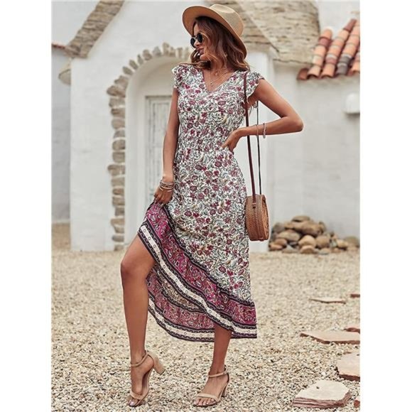 Women's Summer Maxi Dress Casual Floral V Neck Cap Sleeves Boho High Low Midi - Picture 3 of 6